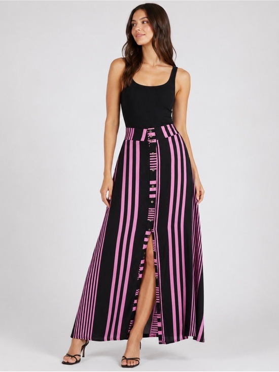 Maaji Dresses & Skirts - Maaji Pink Black Striped Button Front Maxi Skirt Size Medium